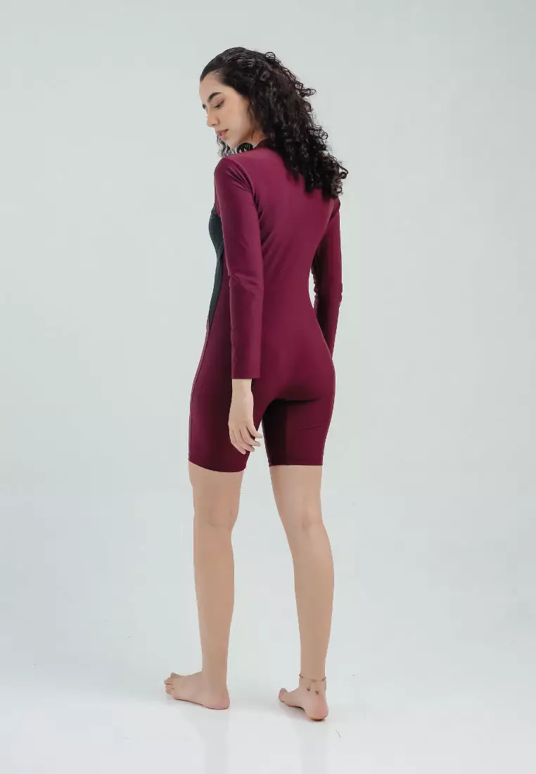 Shea Long Sleeve Diving, Baju Renang Wanita - Maroon