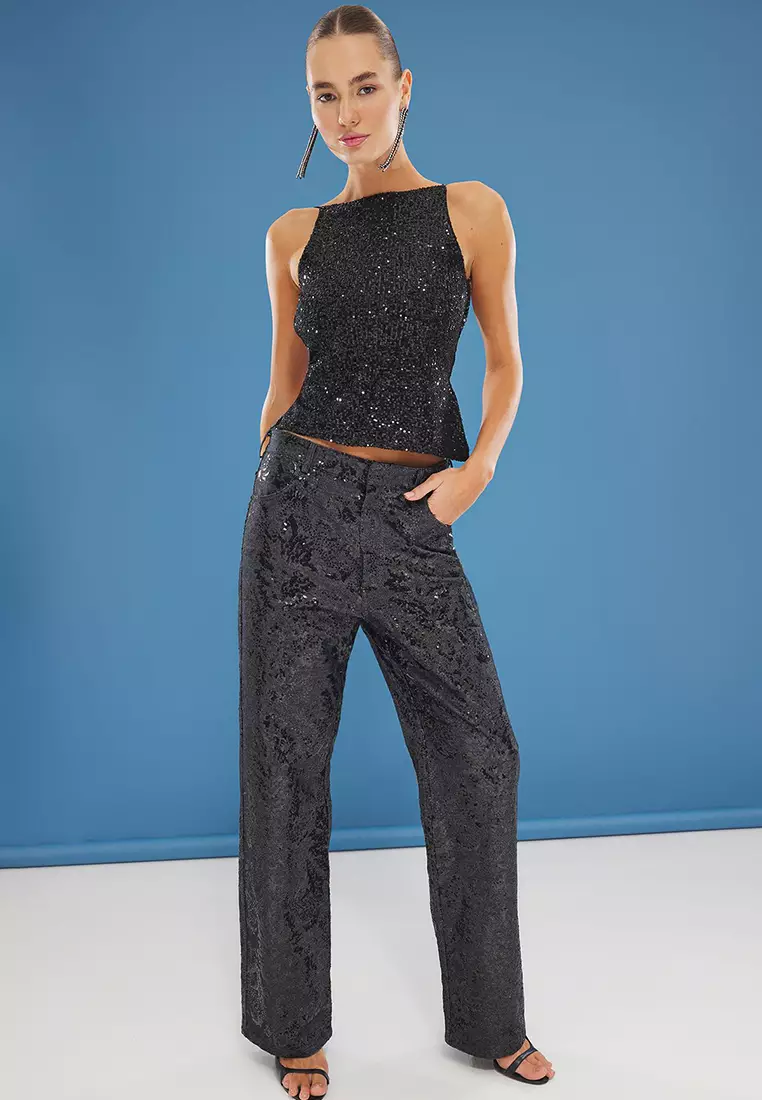 Black Back Detailed Glittery Sequin Knit Blouse Tprss25Bz00036