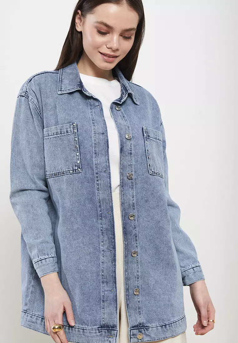 Buy LC WAIKIKI Shirt Collar Straight Long Sleeve Women Jean Tunic ...