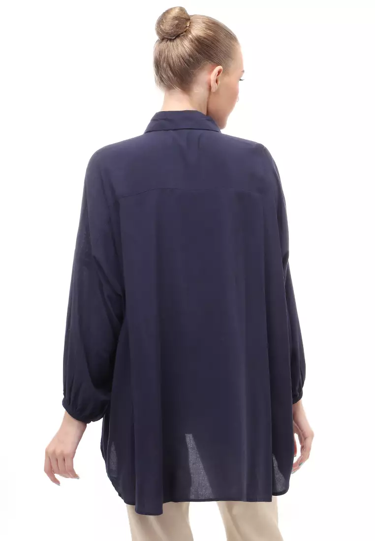 Kemeja Oversize Lengan Puff Front Button Opening Motif Solid Regular Fit - Navy
