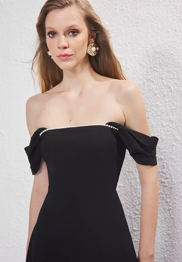 Black Pearl Detailed Waist Opening Woven Midi Evening Night Graduation Dress TPRSS25EL00287