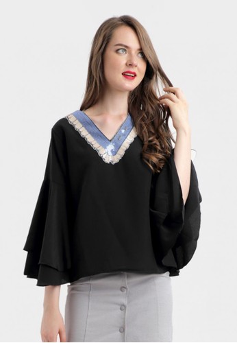 MKY Bellamy Bell Sleeve Patched Blouse in Black