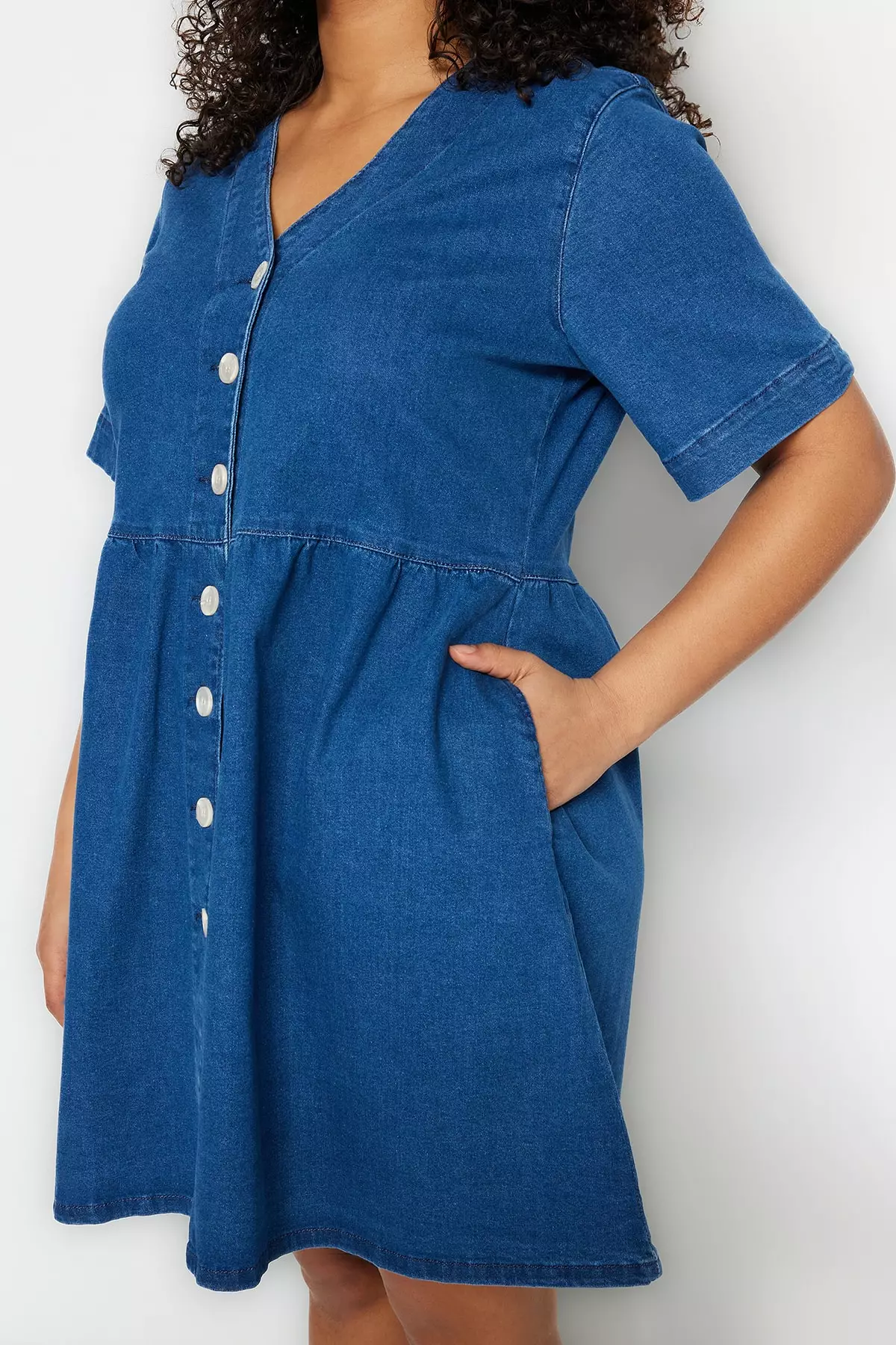 Plus Size V-Neck Denim Mini Dress