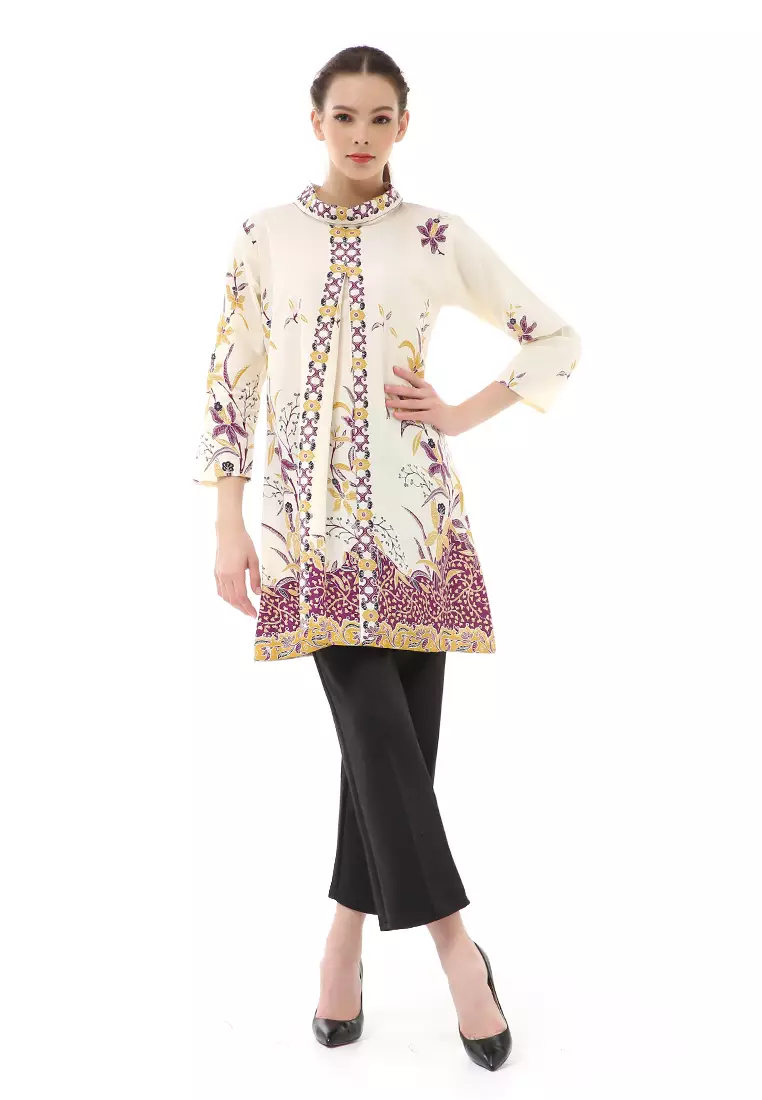 Olaf Atasan Batik Wanita Tunik Traditional Motive Elegant Design Material Cotton ORIGINAL - White Brown