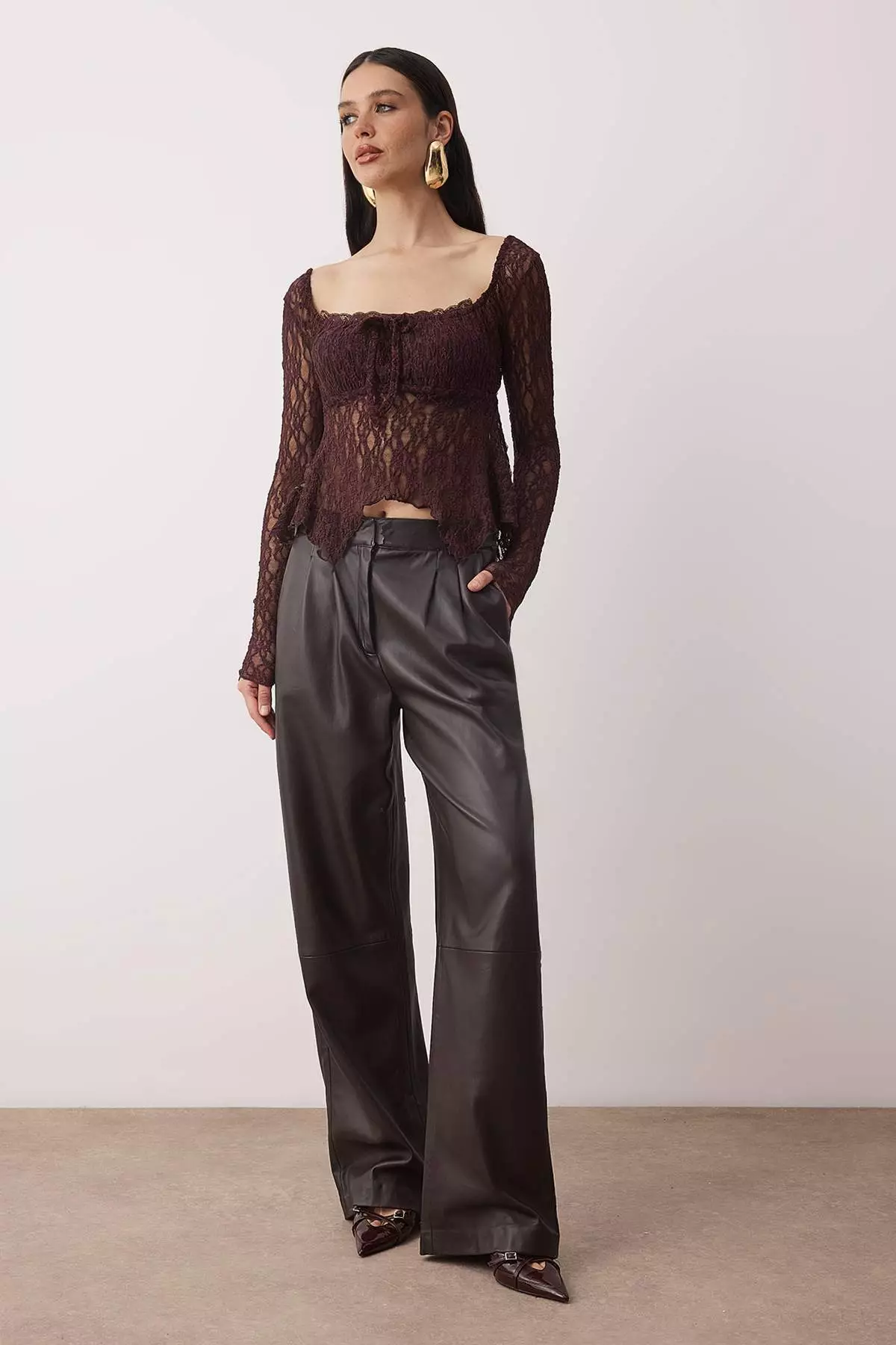 Burgundy Square Collar Unlined Lace Party Blouse Tpraw26Bz7
