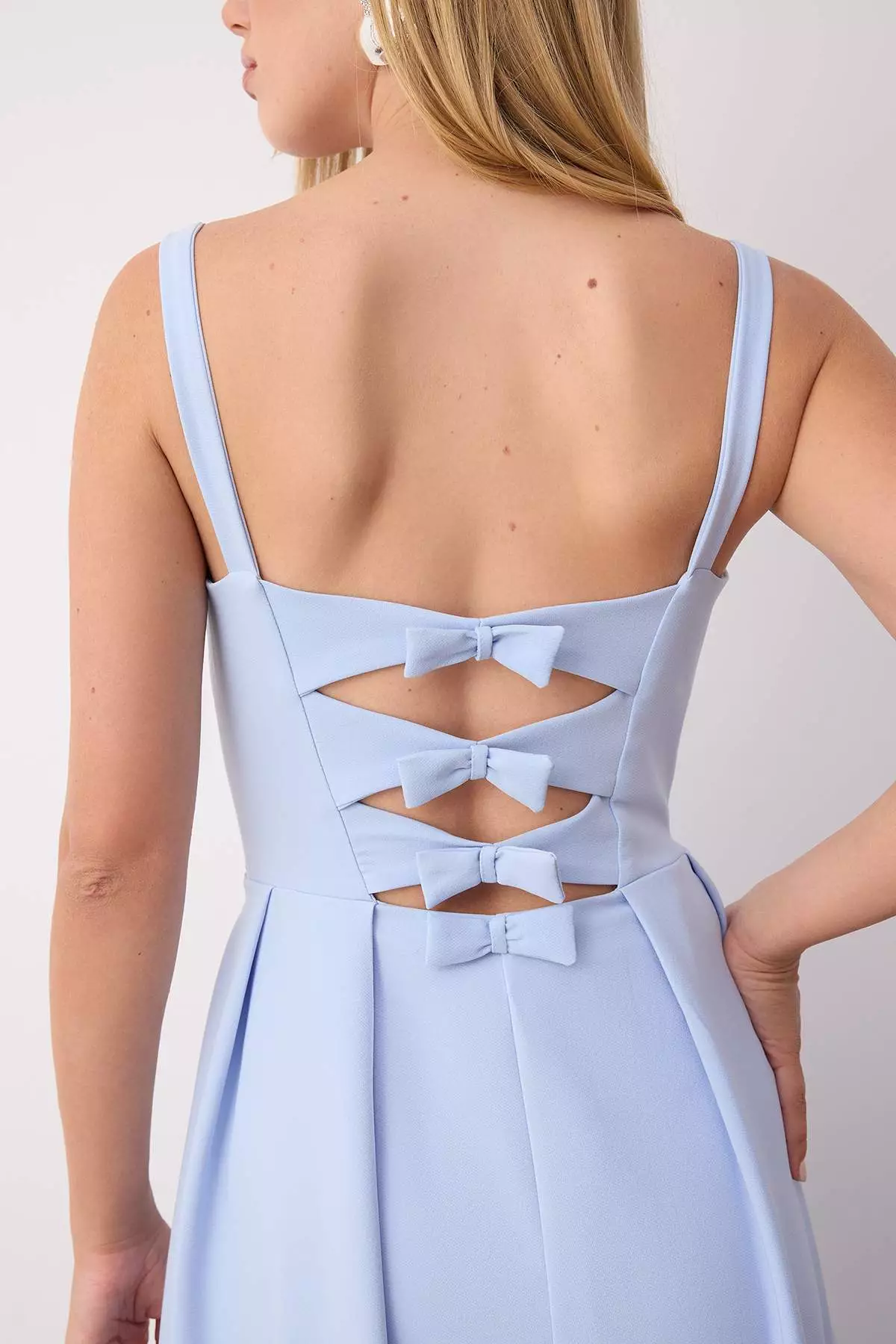 Light Blue A Line Back Bow Detail Long Stylish Evening Dress