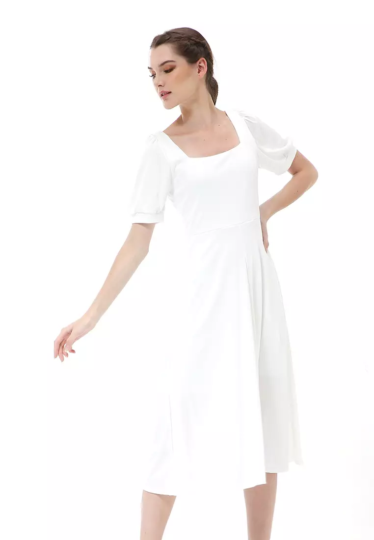 Rachel Long Dress Wanita Lengan Pendek Motif Polos Material Cotton ORIGINAL - White