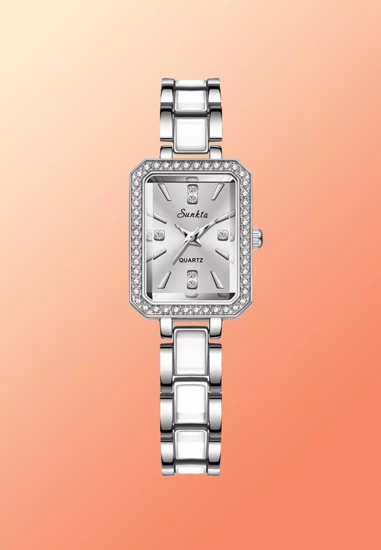 SUNKTA White Ceramic Ladies Quartz Watch, 26x20mm, Crystal paved Stainless Steel watch case, Mother of Pearl Dial, Metal and Ceramic Bracelet