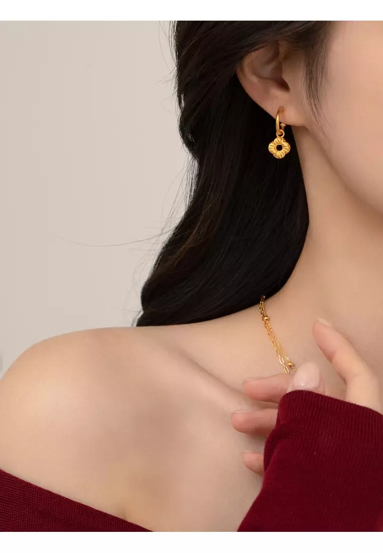 999 24K Solid Gold Auspicious Windmill Dual Sided Wear Dainty Drop Earrings for Women 95573E