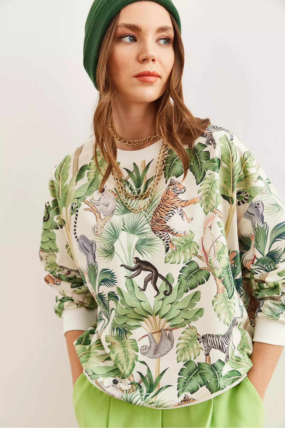 Women's Jungle Ecru Basic Soft Textured Casual Sweatshirt Swt-19000457