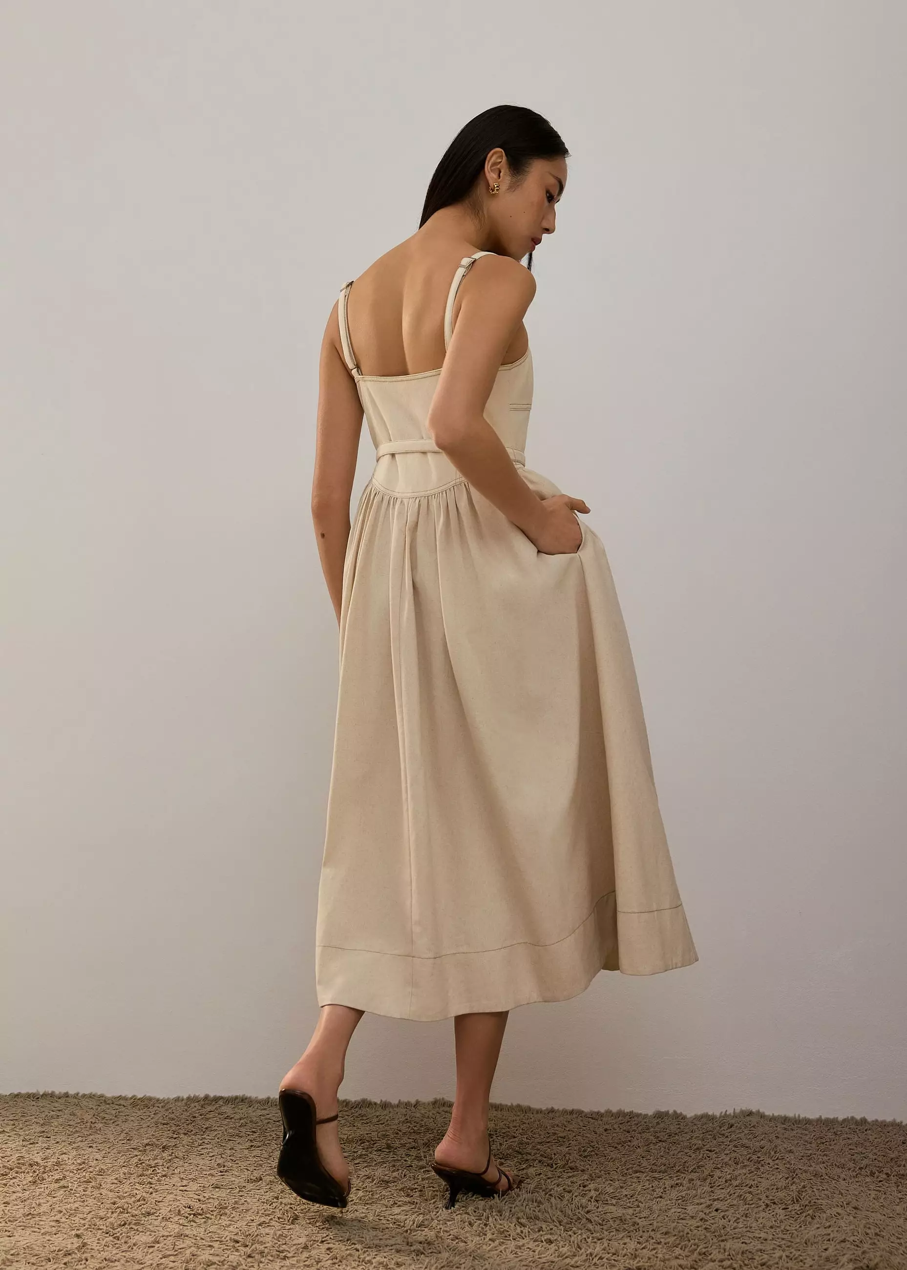 Dress Wanita - Detachable Sash Sweetheart Fit & Flare Midi Dress