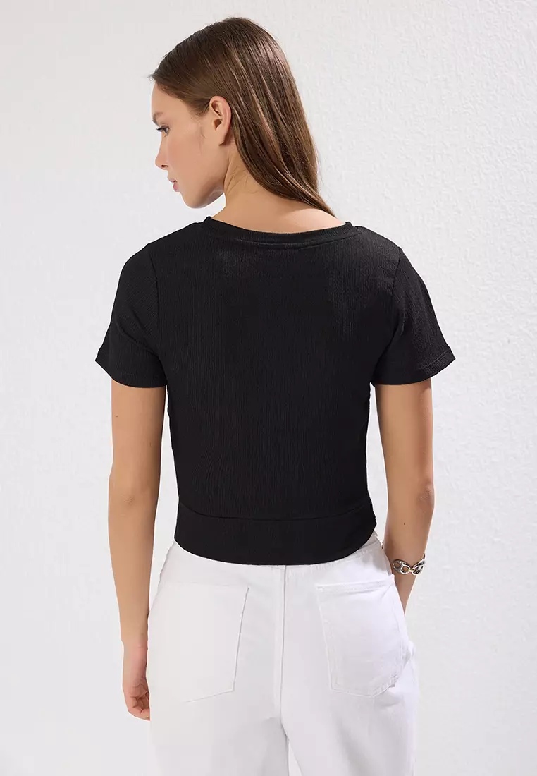 Black Tie Detail Crew Neck Bürümcük Crop Knitted Blouse TWOSS22BZ1311