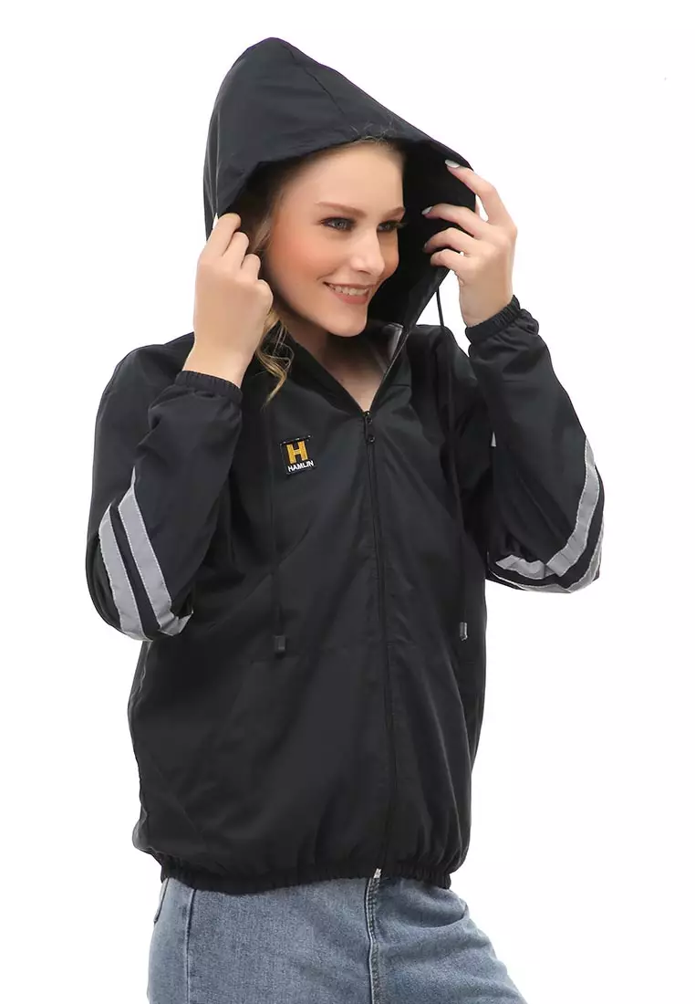 Hardwin Jacket Outer Wanita Jaket Hoodie List Lengan Full Furing Material Parasut Despo ORIGINAL - Black