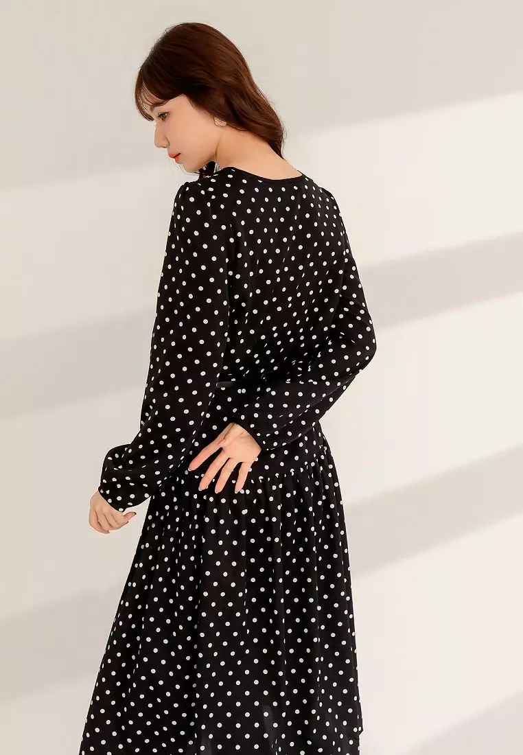Vintage Polka Dot Low-Waist Flared Long Sleeve Maxi Dress – Mori Style [DA10210]