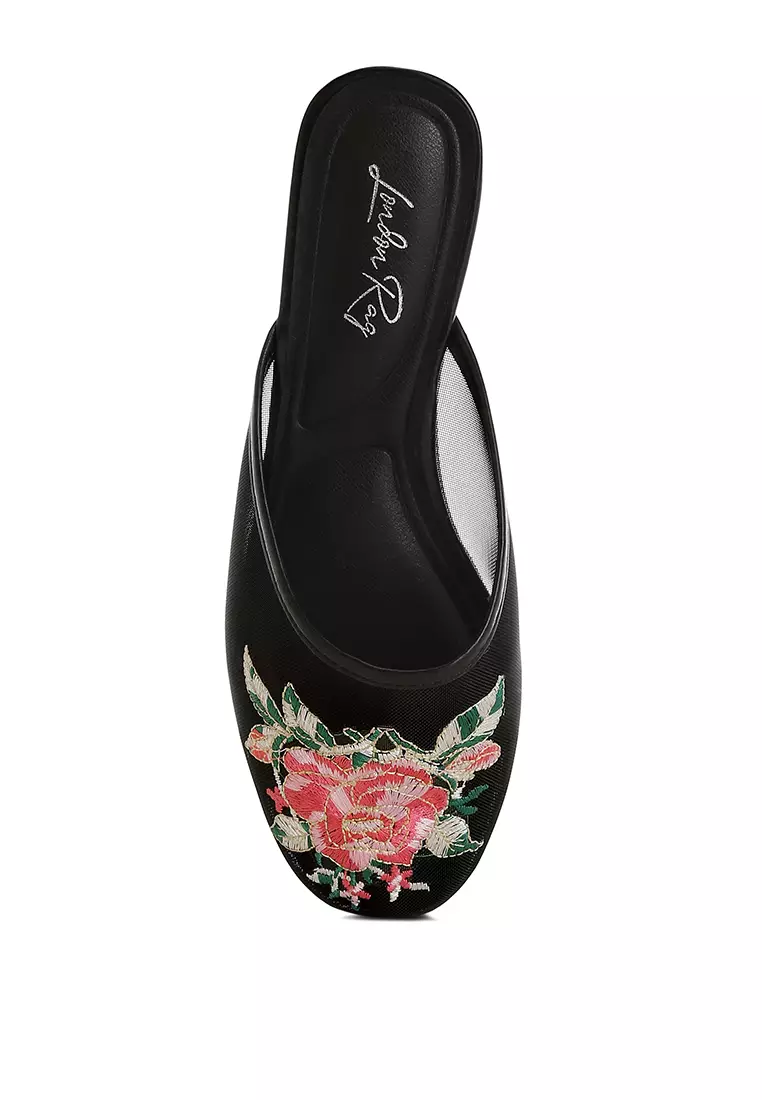 Floral Embroidered Mesh Mules in Black