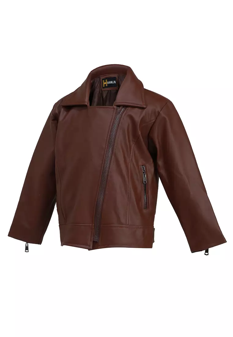 Fisca Jaket Kulit Anak Perempuan Zipper Design Motif Polos Material Leather ORIGINAL - Brown