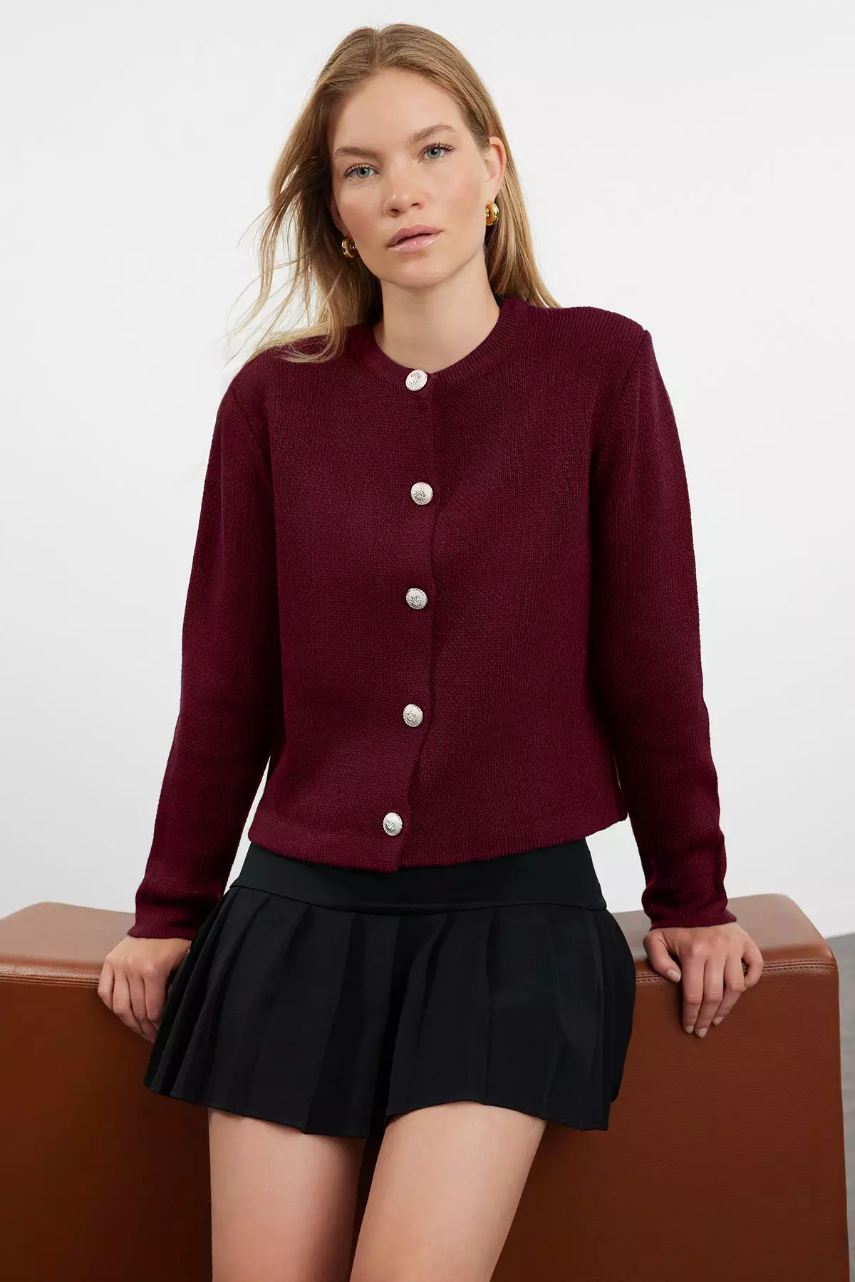 Burgundy Basic Jacket-Look Knitwear Cardigan