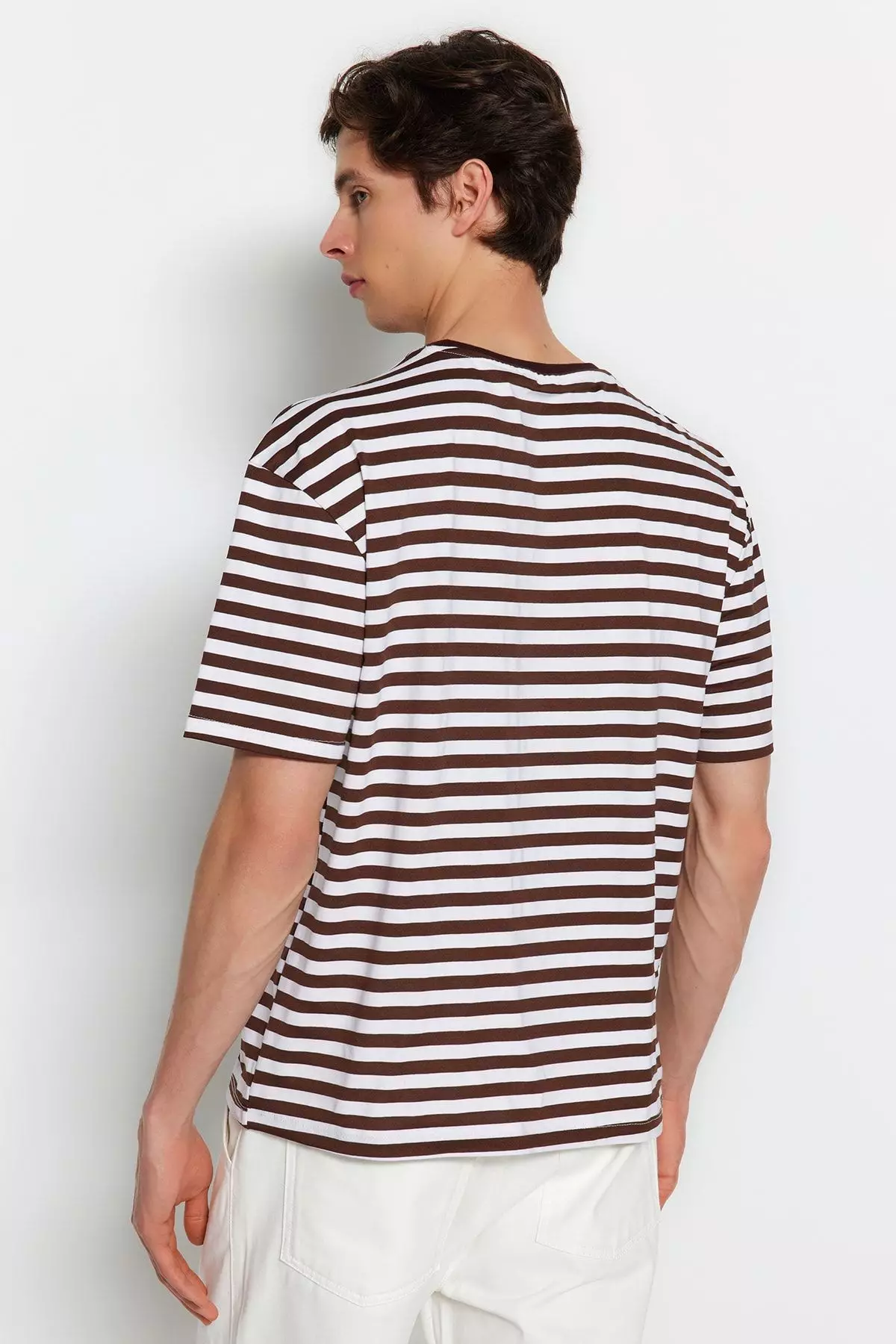 Light Brown Oversize/Wide Cut Striped Crew Neck Short Sleeve T-Shirt TMNSS20TS0511