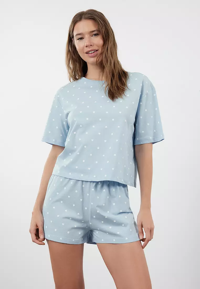 Blue 100% Cotton Polka Dot and Heart Shorts Knitted Pajama Set THMSS21PT1485