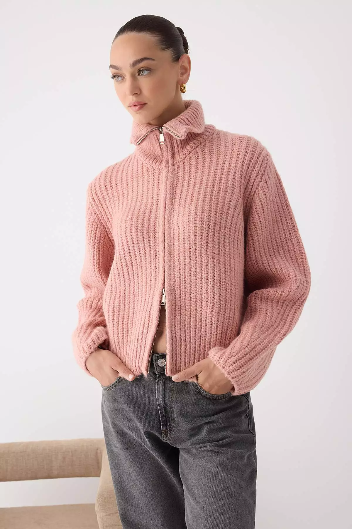 Light Pink Zipper Detailed Soft Textured Wide Fit Turn Down Collar Knitwear Cardigan