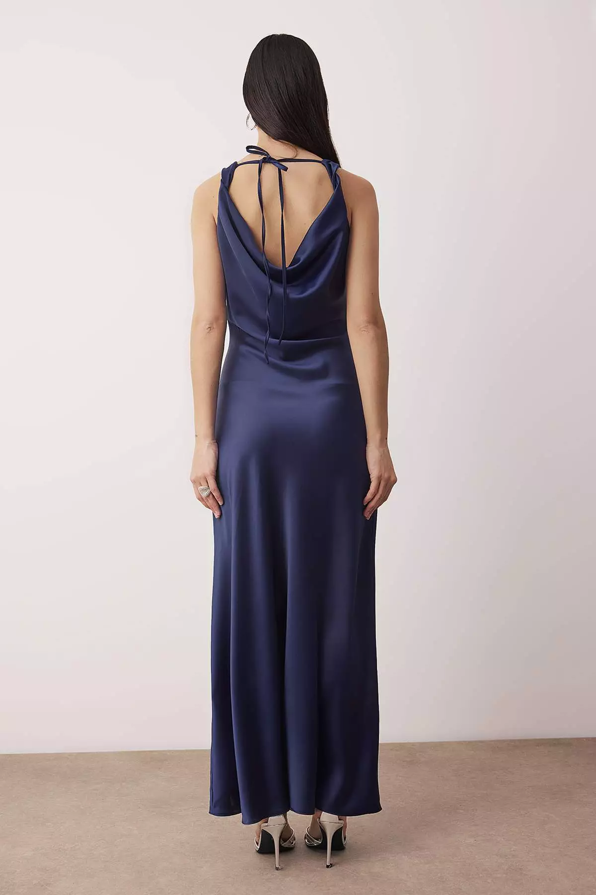Navy Blue A-Line Degaje Collar Satin Maxi Stylish Dress Tprss25El318