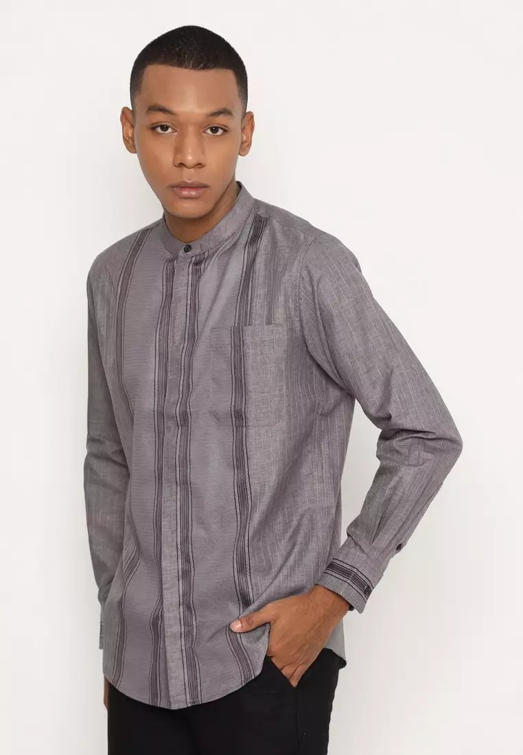 RBJ Kemeja Koko Border Abu Regular Fit Lengan Panjang Pria