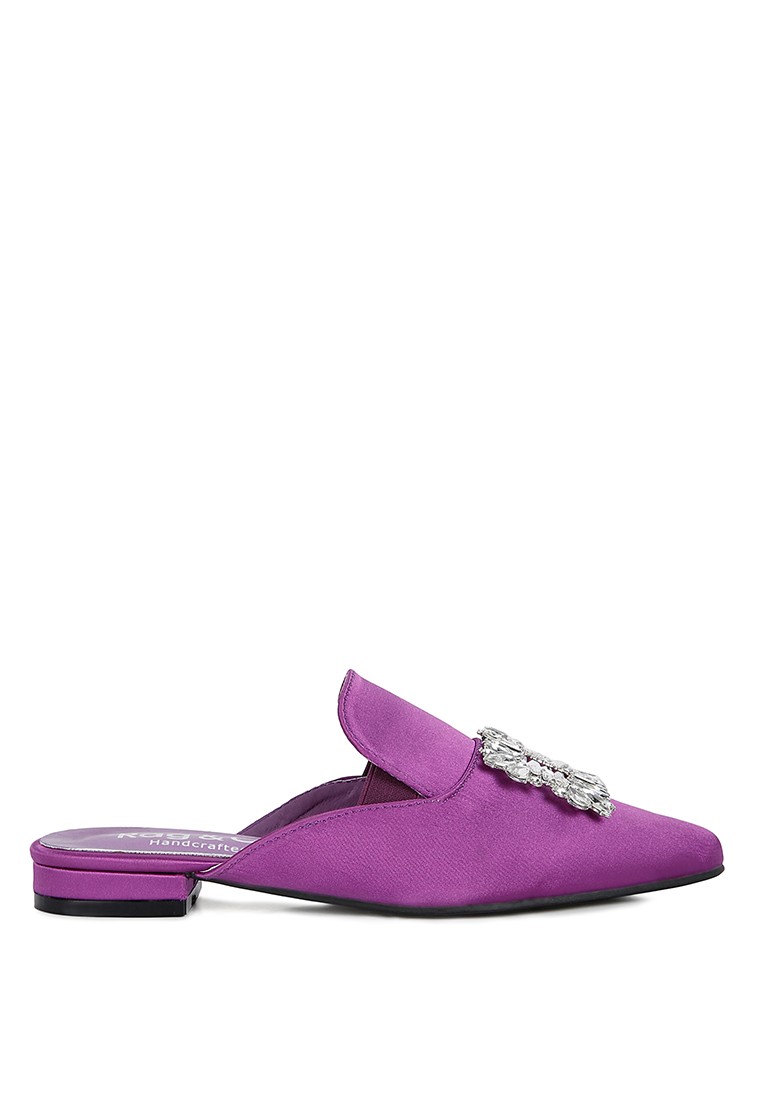 Diamante Brooch Satin Mules in Purple