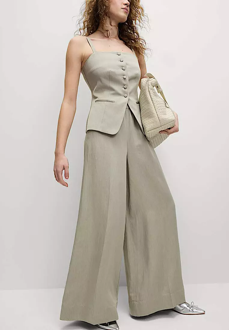 Linen Blend Twill Palazzo Trousers