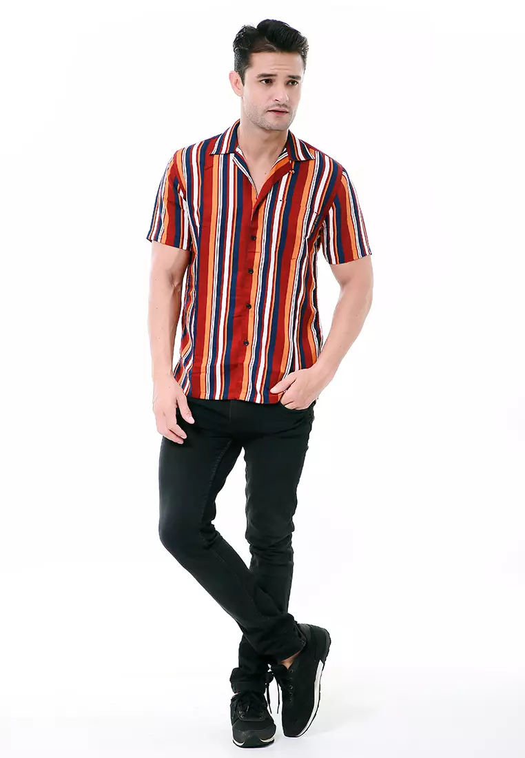 Leopold Atasan Pria Kemeja Motif Salur Lengan Pendek Material Cotton ORIGINAL - Maroon Yellow