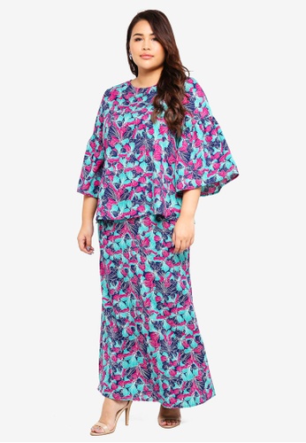 Printed Bell Sleeve Kurung from Ms. Read in blue and Purple