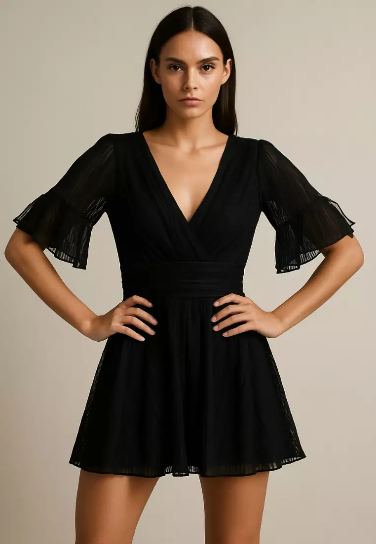 Noir Ruffle Sleeve One-Piece Swimdress – Elegant Black Beachwear with Built-in Shorts