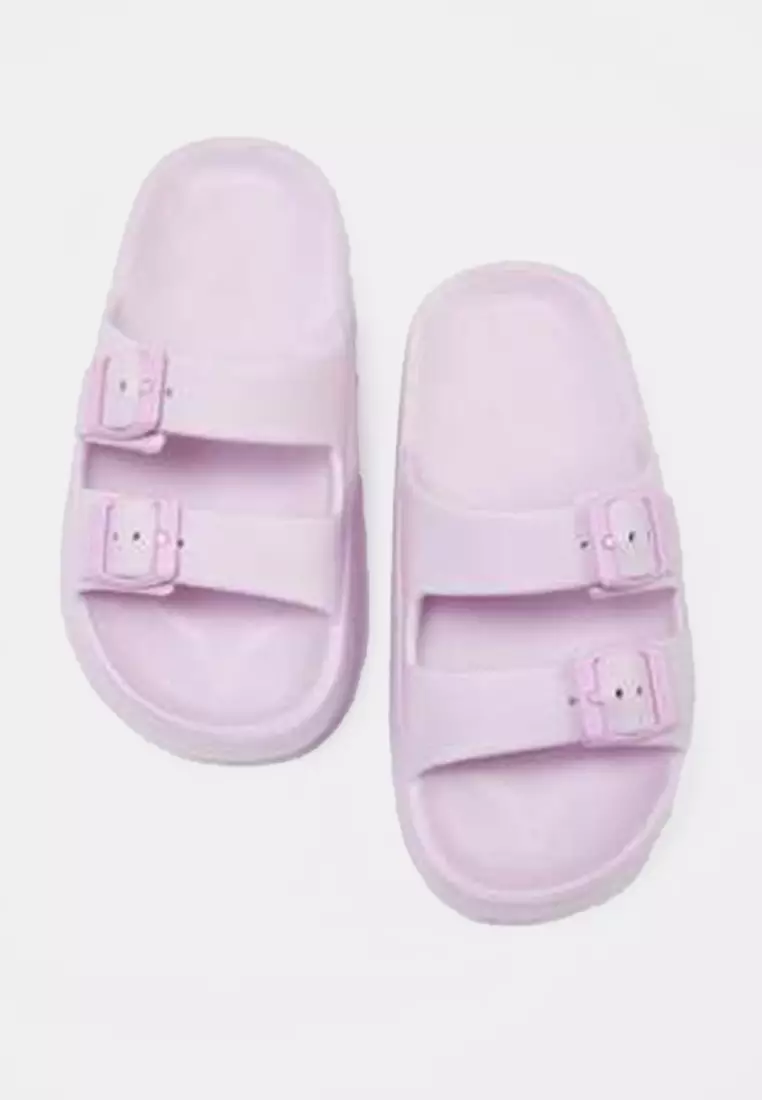 Soft Pink Double Banded Buckle Detailed Light Sole Women's Slippers Takss25Te00019
