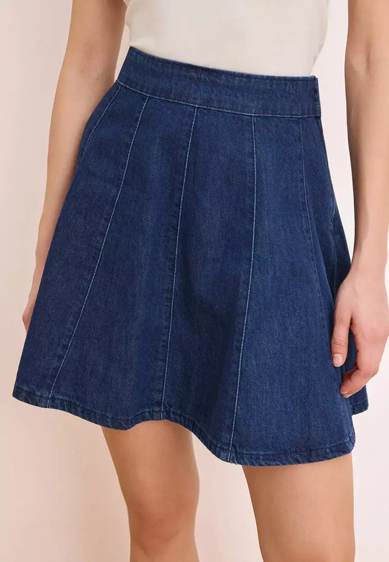 Dark Blue Flounced 1% Cotton Mini Denim Skirt Twoss26Et68