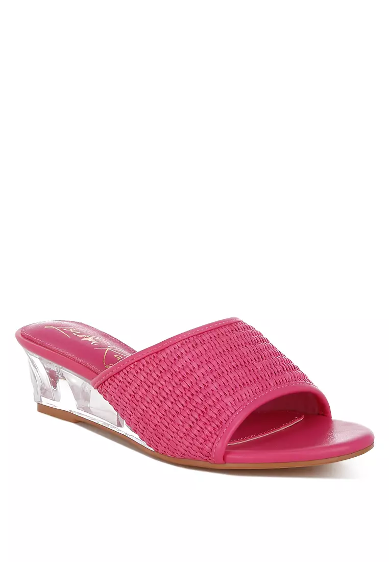 Sandal wedges hak bening Rafia warna pink