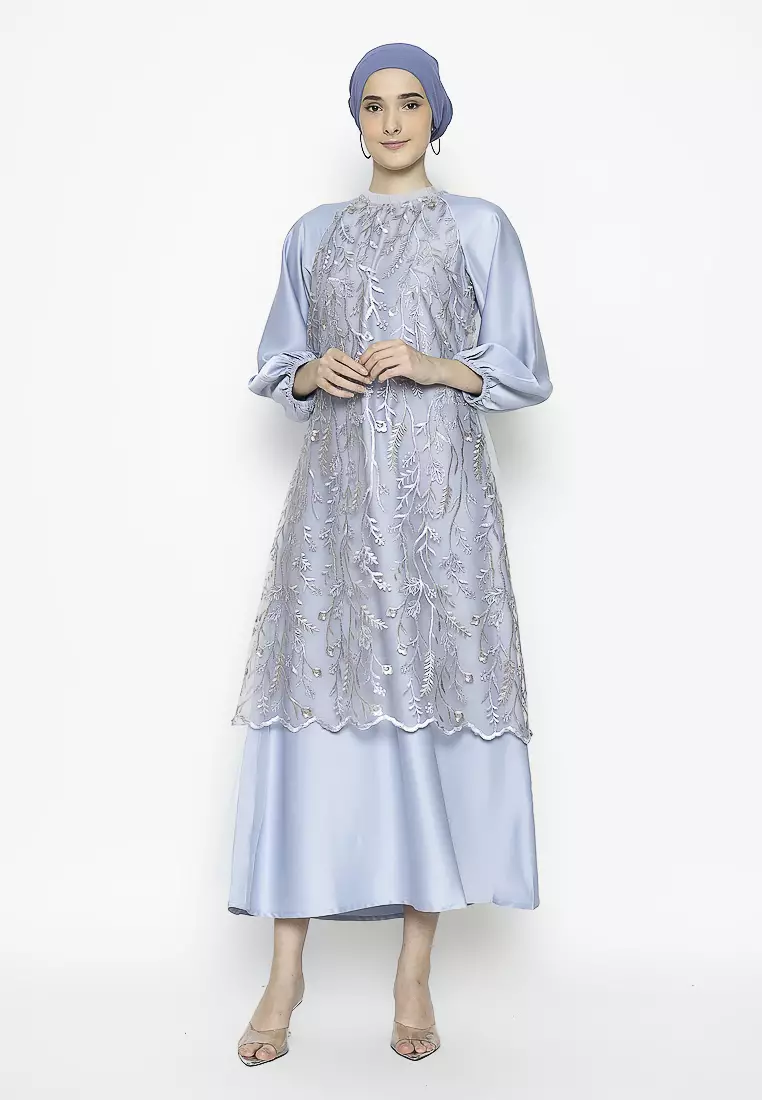 Urban Exchange Rose Gamis Brokat Blue - Long Dress Gamis Brokat Lebaran Blue Warna Blue