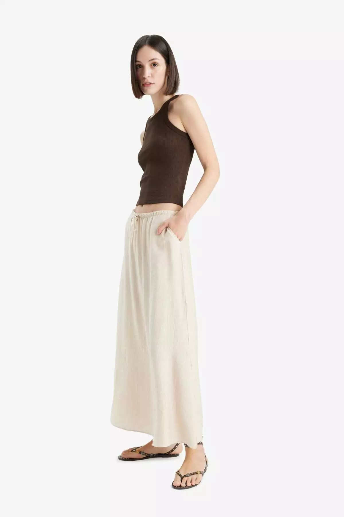 A-Line Regular Waist Crinkle Fabric Midi Skirt F6501Ax25Sm
