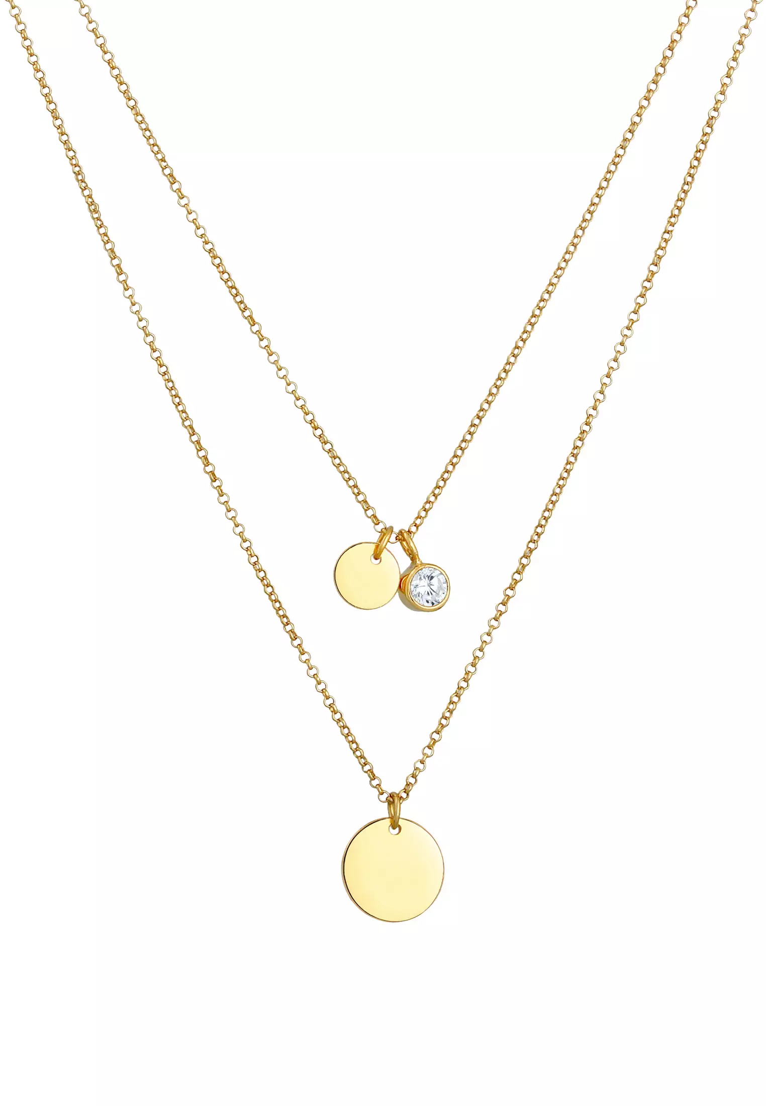 Necklace Plate Pendant 2-Layer Cubic Zirconia Crystals Gold Plated