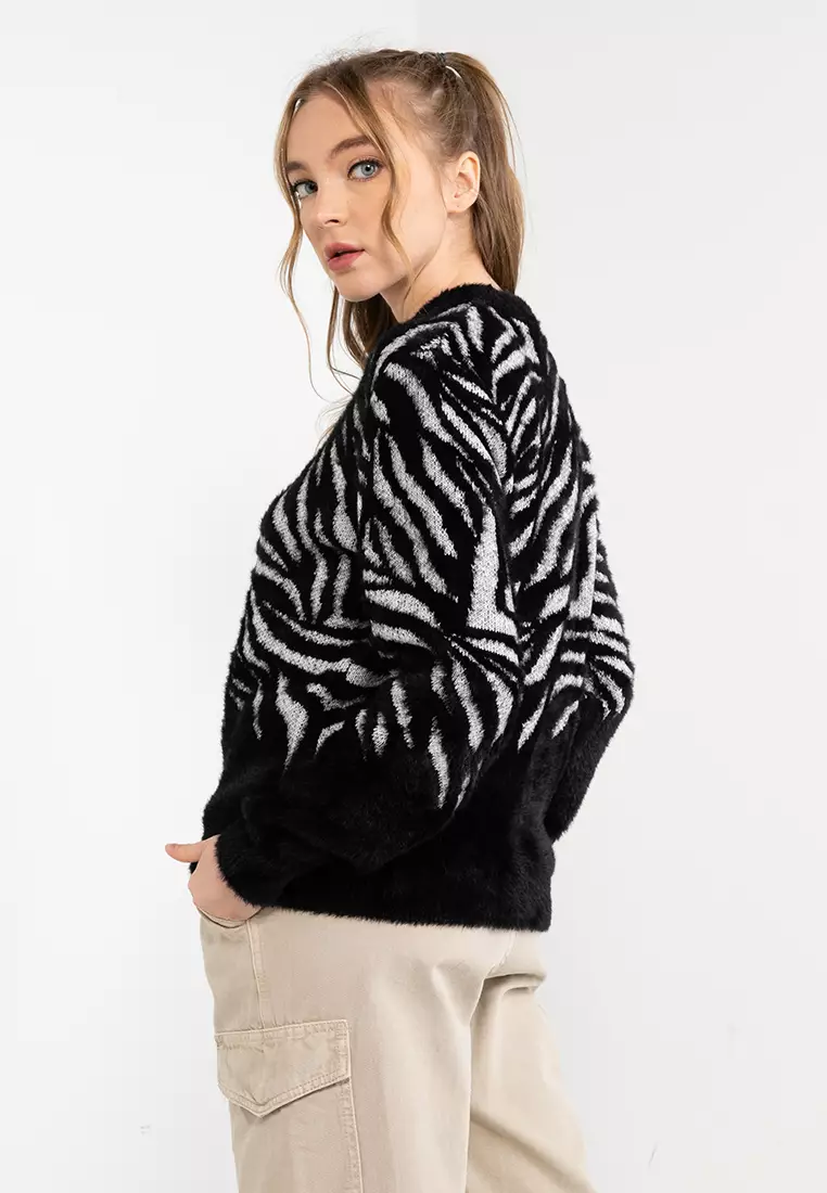 Zebra Fur-Effect Pullover Sweater