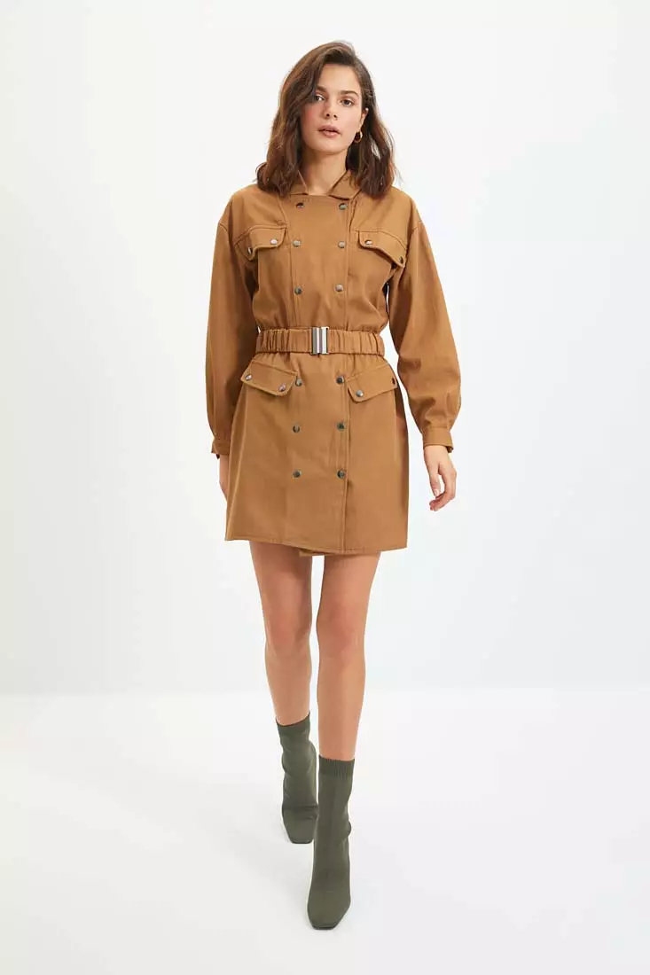 Belted woven mini shirt dress