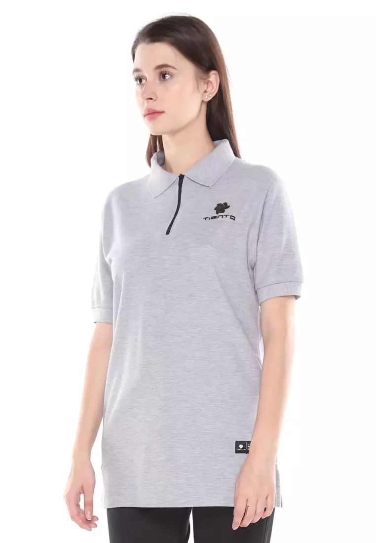 Tiento Women Polo Shirt True Basic HDC Grey Baju Tenis Kaos Kerah Resleting Lengan Pendek Pakaian Wanita