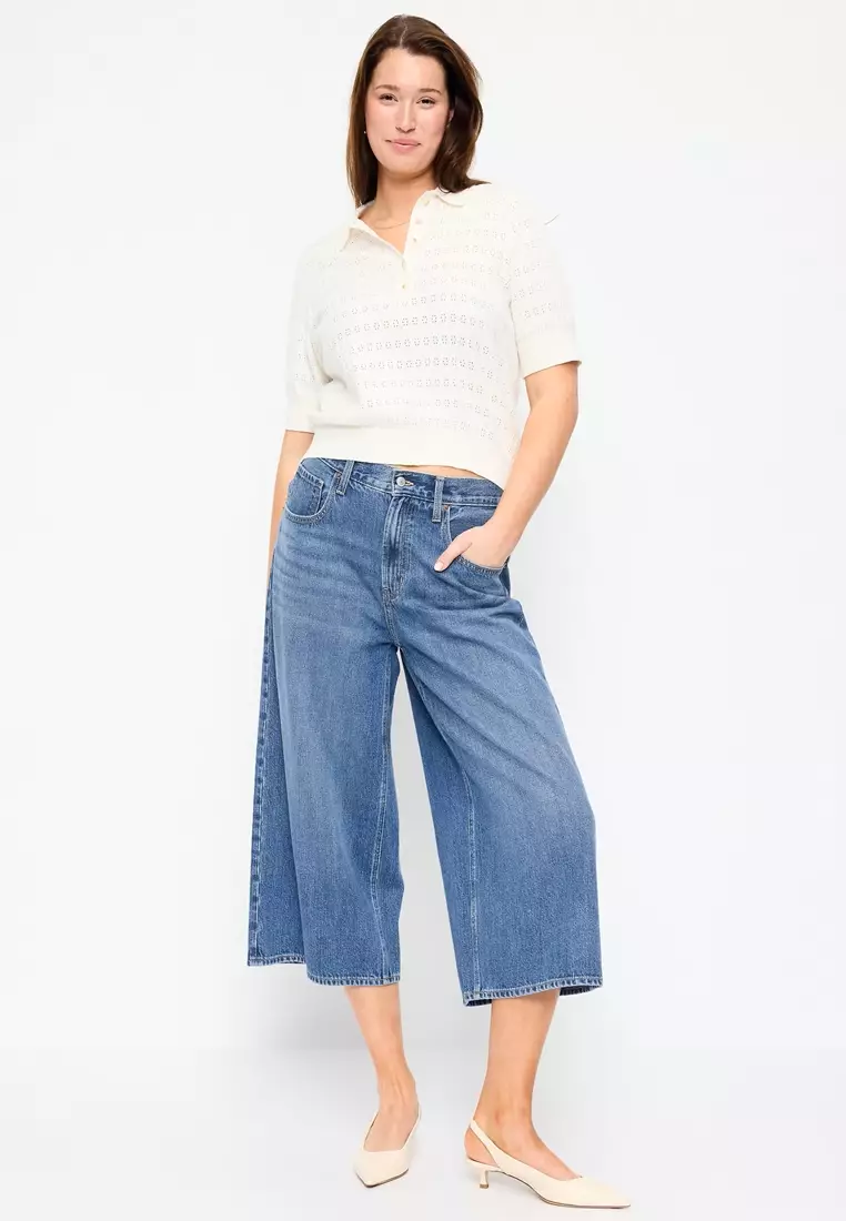 Mid-Rise Baggy Wide-Leg Culotte Jeans