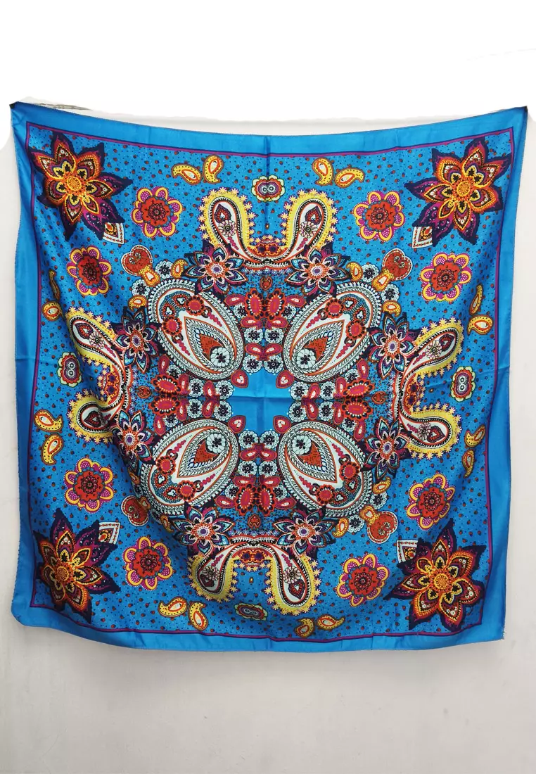 Aksesoris Scarf Segi Empat Wanita Floral Edge Poly-Cotton Square Scarf Blue