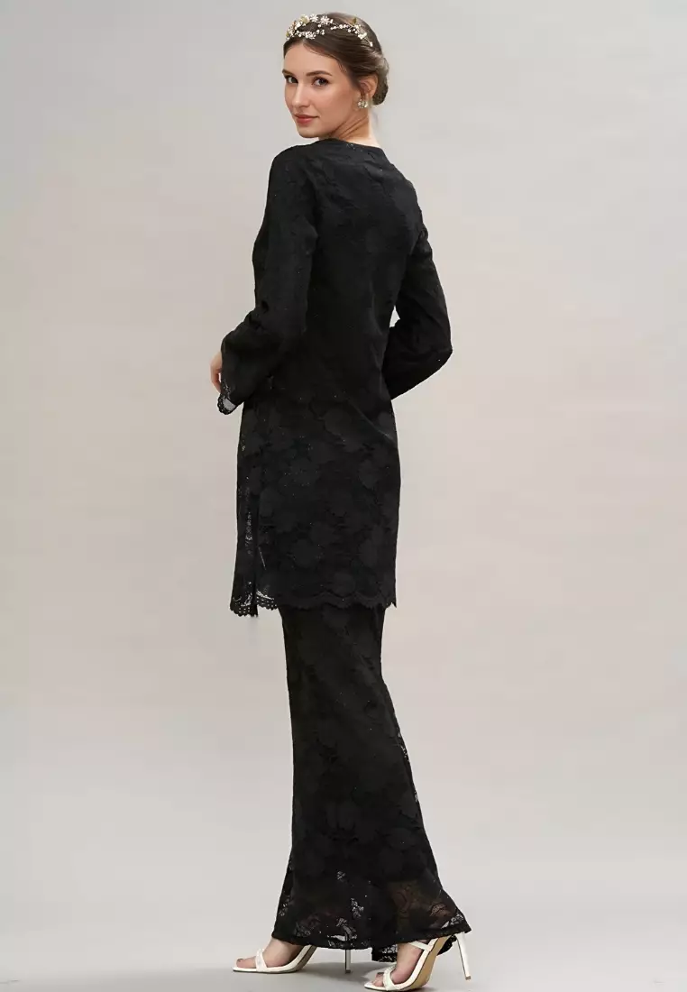 Black Lace Puff Sleeve Modern Kebaya and Maxi Lace Skirt Malay Wedding