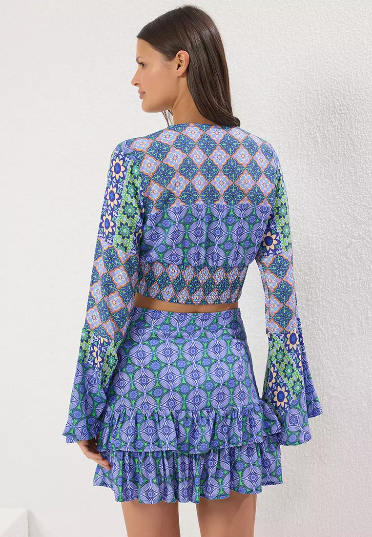 Ethnic Patterned Flounce Blouse Skirt Beach Suit TBESS25AU00031