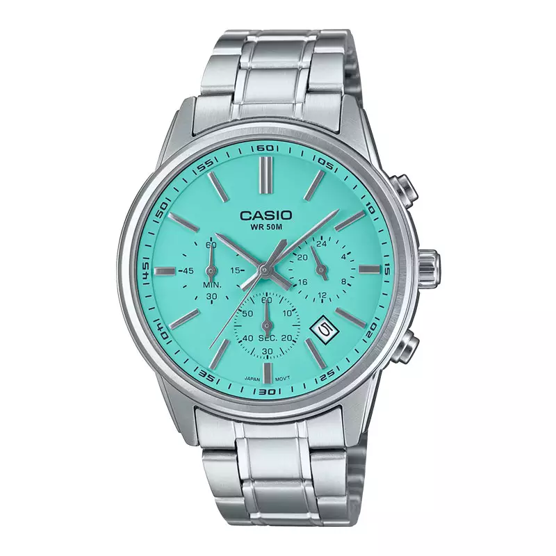 Jam Tangan Pria Casio General MTP-E515D-2A2VDF MTPE515 MTP-E515D Chronograph Baby Blue Dial Stainless Steel Band