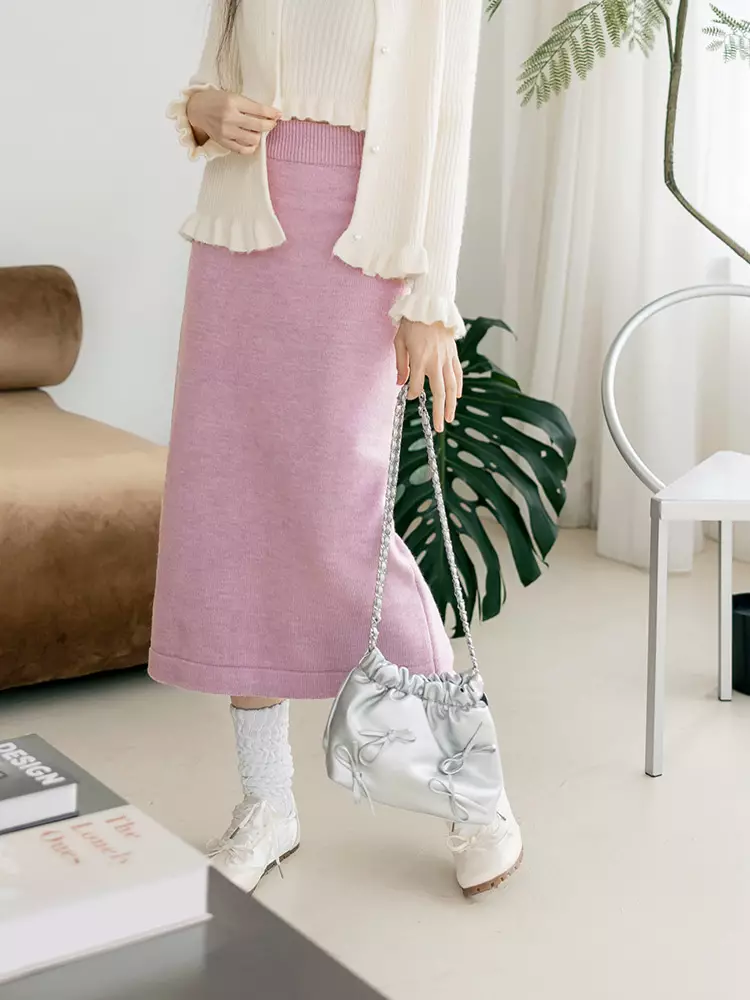 Solid Color Elastic Waist Knit Midi Skirt [FA2987]