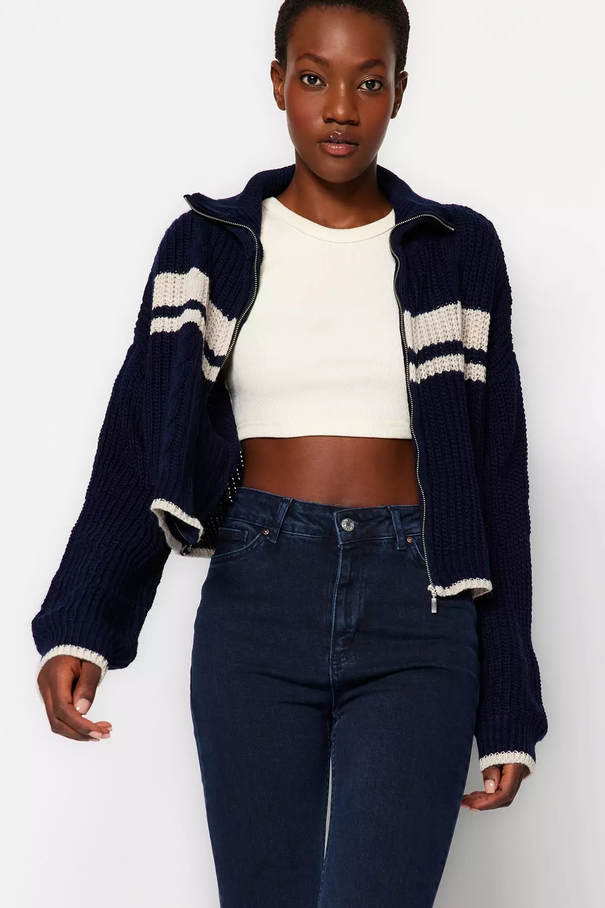 Color Block Stand Up Collar Knit Cardigan