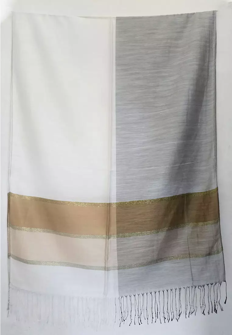 Aksesoris Scarf Wanita Raw Silk Stripes Border Shawl Syal Sutra Wanita Silver & White