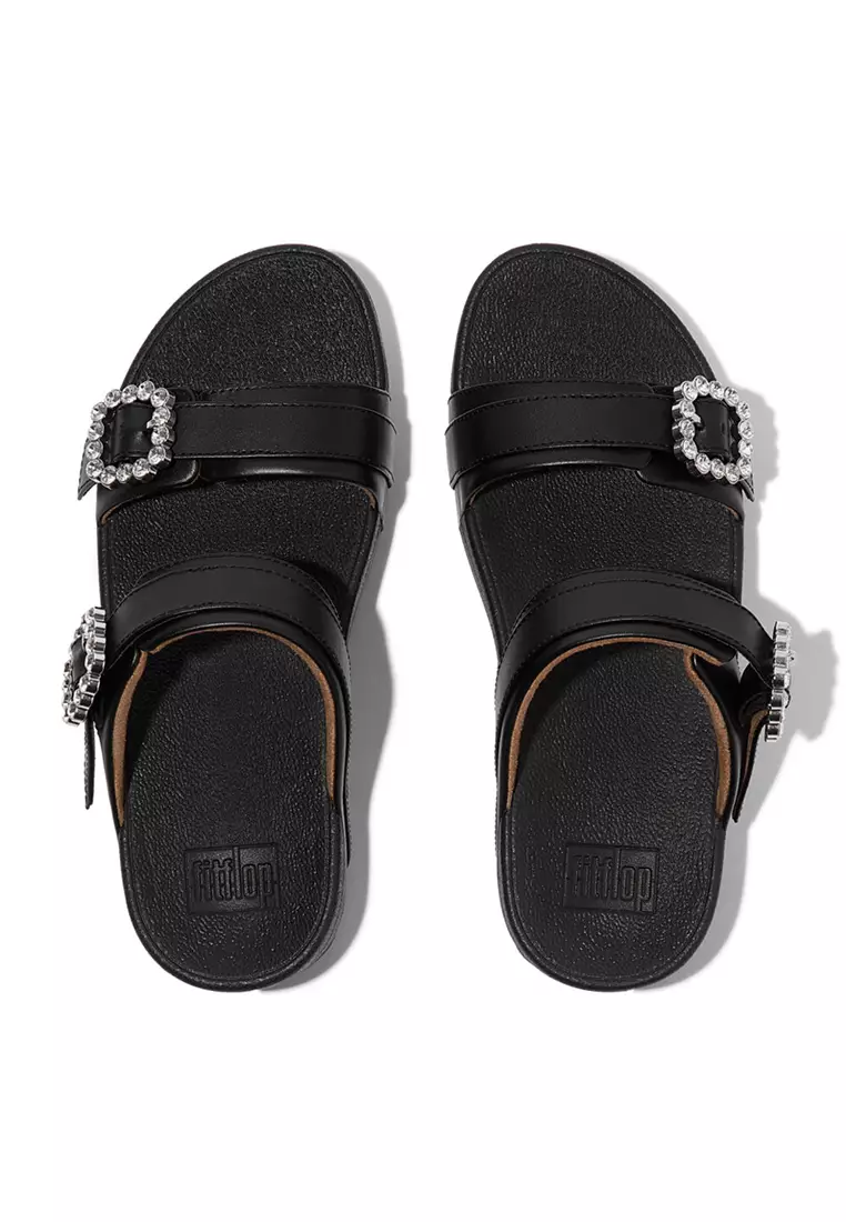 Lulu Women Crystal-buckle Leather Slides