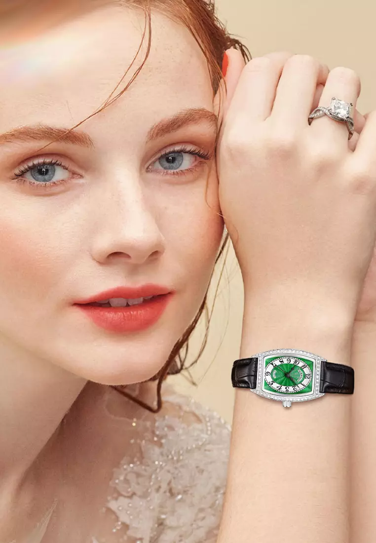 Ladies Barrel Shape Stainless Steel Quartz Watch, Green Dial, Black Leather Strap